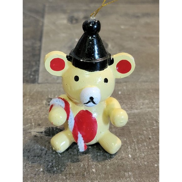 Vintage wooden brown teddy bear candy cane ornament Xmas decor - Picture 1 of 6